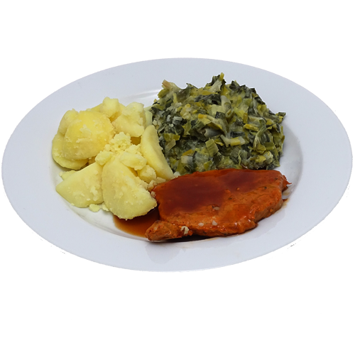 Varkensfiletlap Vleesjus, prei a la crème en gekookte aardappelen